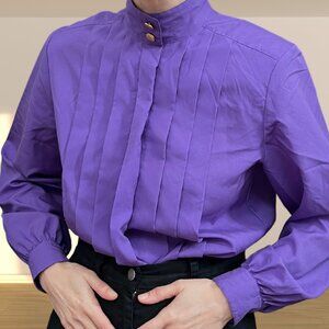 Vintage Laura & Jayne Purple Pleated High Neck Blouse Gold Buttons Size 6